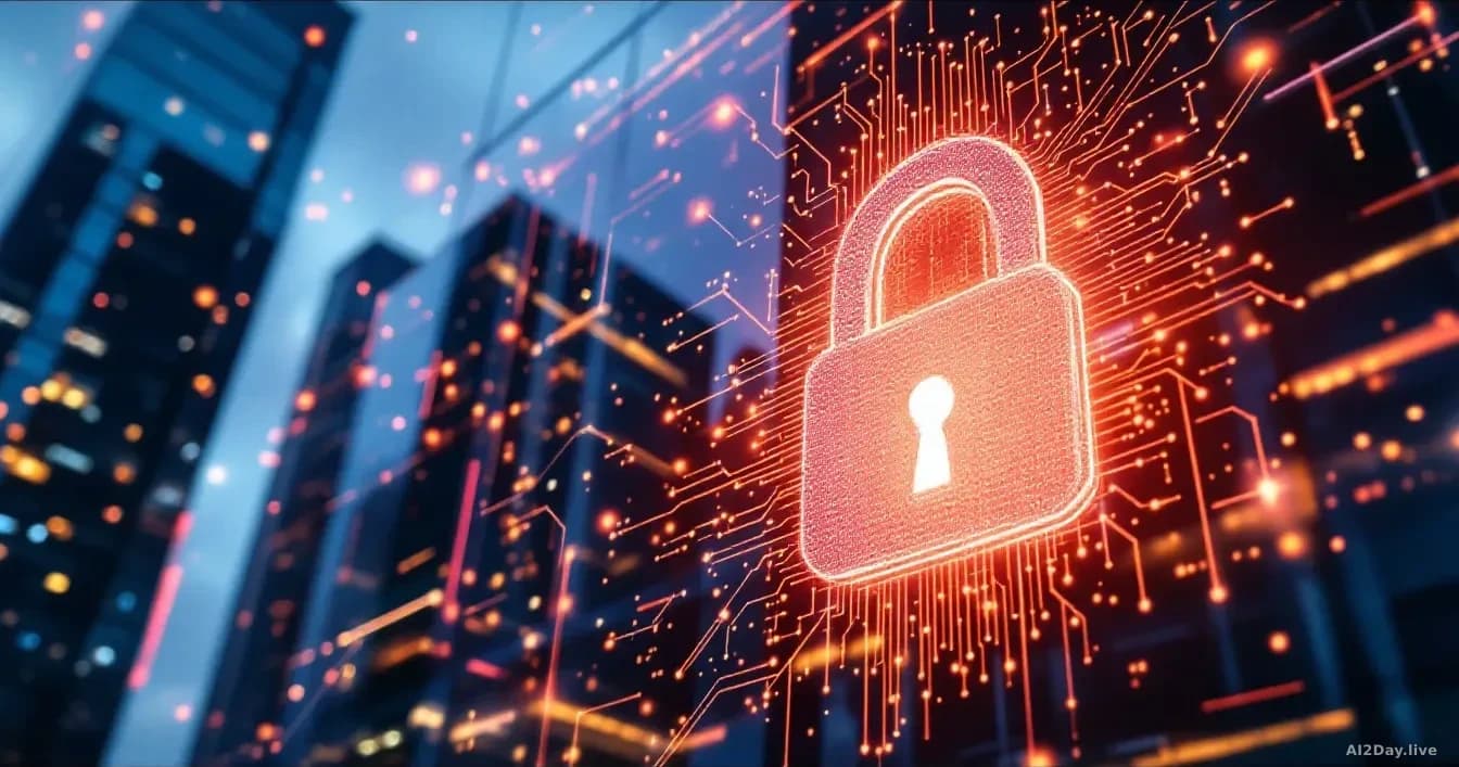 A modern office building with a digital padlock symbol overlayed, representing cybersecurity