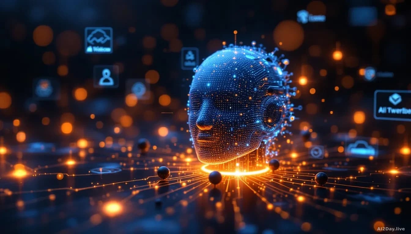 A futuristic AI network integrating with various cybersecurity vendor logos