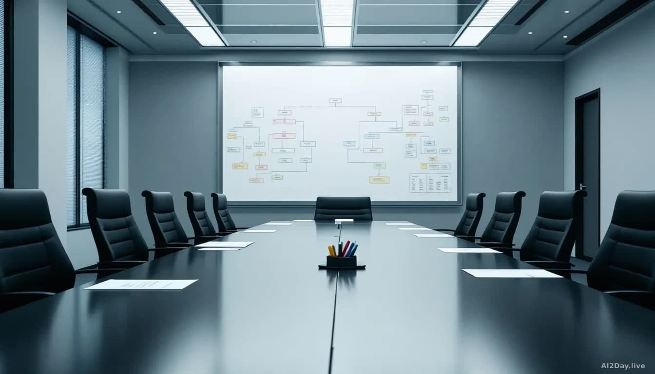 A large, empty corporate conference room with a long dark table, scattered printed documents, dry-erase markers, and a whiteboard covered in flow diagrams and c