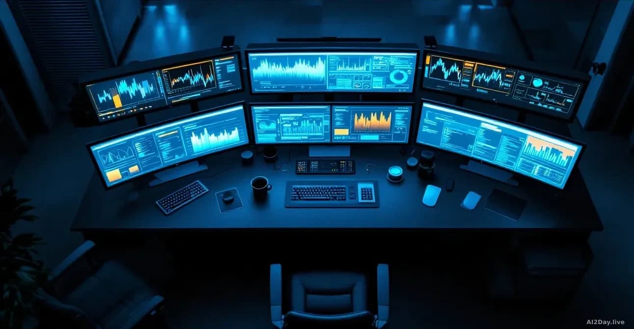 Full-frame edge-to-edge overhead photoreal view of a dark security operations center desk at night, multiple monitors glowing with abstract telemetry graphs and