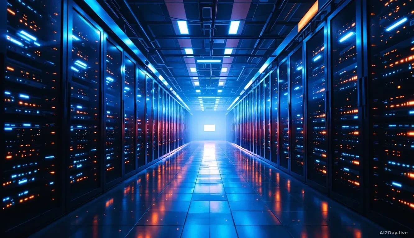 A vast server room with long rows of blinking rack-mounted servers receding into the distance, dimly lit in cool blue and amber tones, cables running overhead i