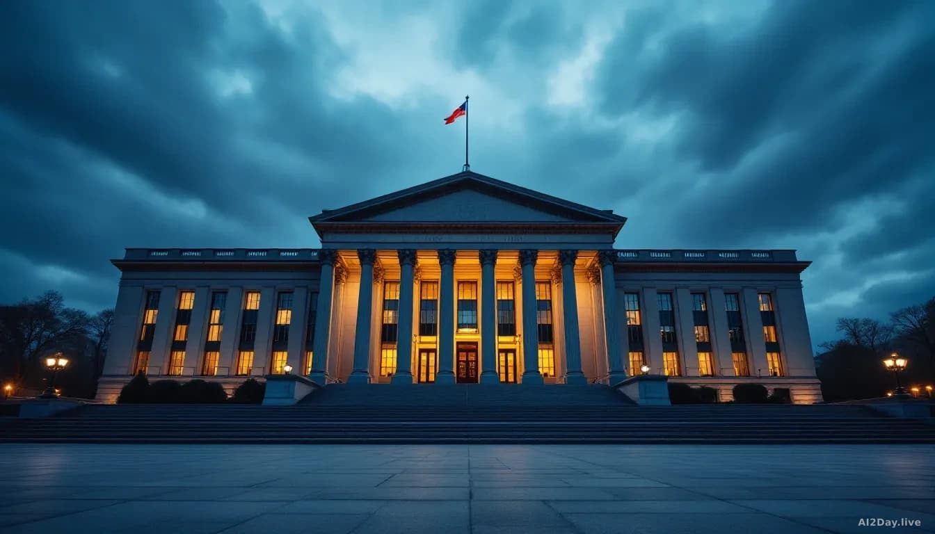 Photoreal news-editorial 16:9 image of a large federal government building exterior at dusk, dramatic low-angle shot showing imposing stone columns and windows