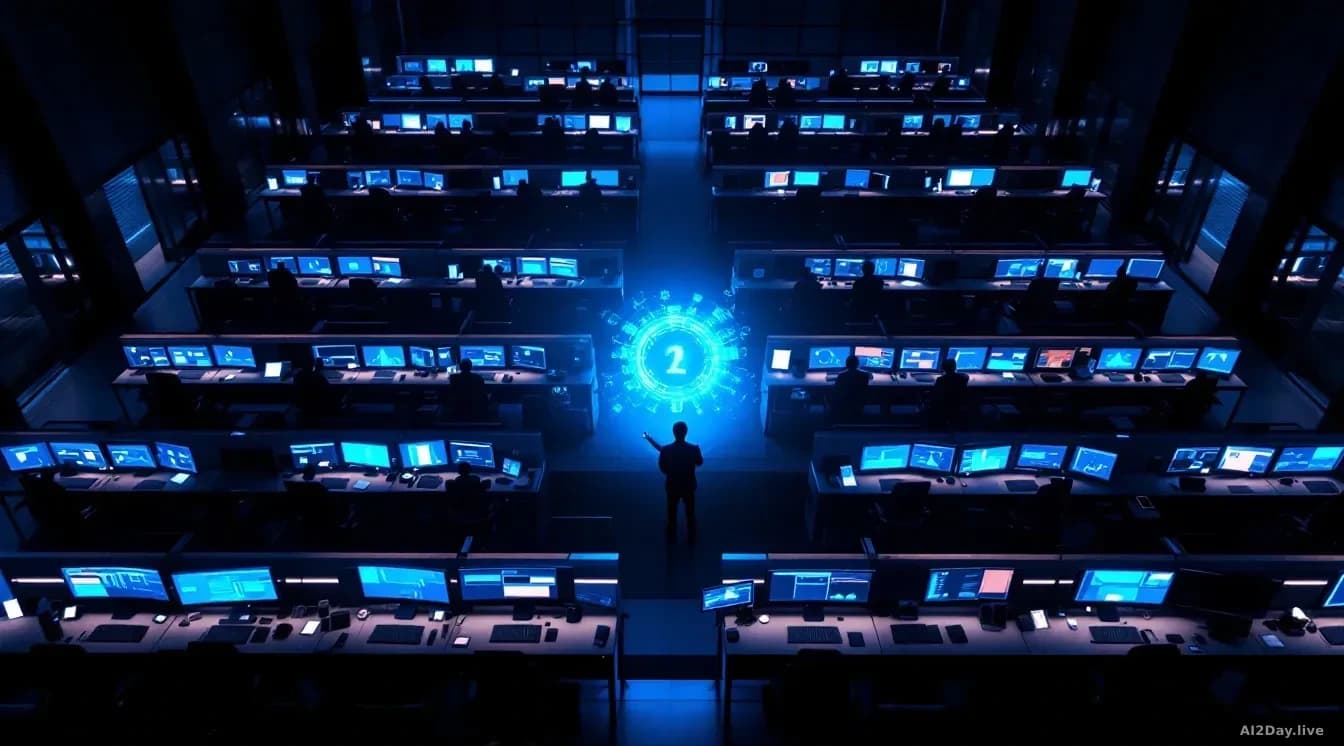 Full-frame edge-to-edge photoreal overhead view of a modern security operations center at night, rows of empty analyst desks lit by the cool blue glow of multip