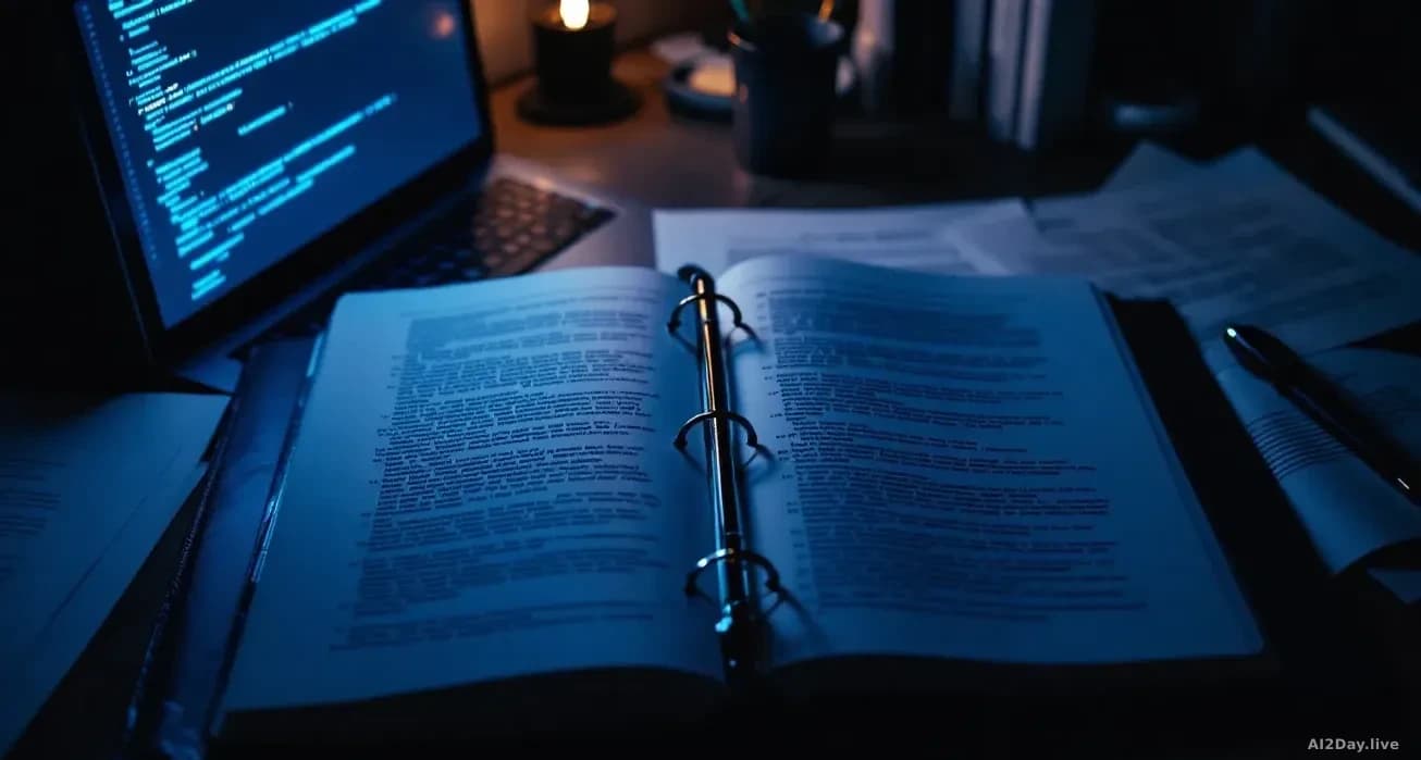 Full-frame edge-to-edge overhead photoreal shot of a dimly lit desk with an open legal binder, a glowing laptop screen showing abstract code in cool blue tones,