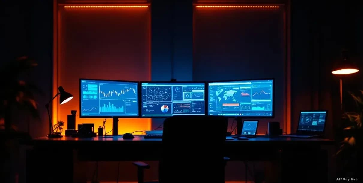 Photoreal editorial shot of a dimly lit network operations center at night, multiple monitors showing abstract dashboard graphs and topology maps, slightly out