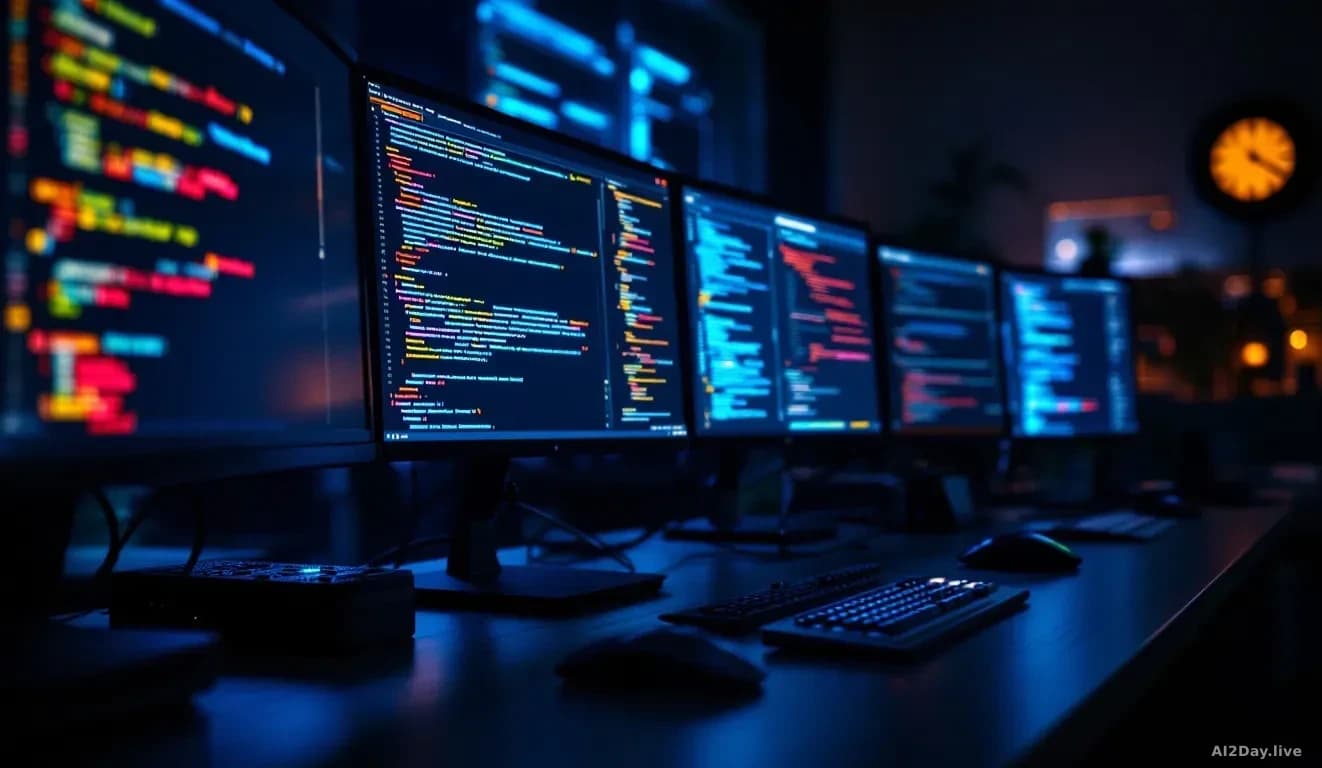 Full-frame edge-to-edge photoreal editorial shot of a darkened security operations workspace, multiple monitors glowing with abstract source code and terminal w