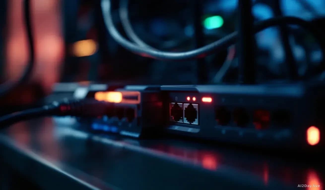 Photoreal news-editorial shot of a dimly lit Canadian residential network closet, consumer router with blinking status LEDs, ethernet cables in soft focus, fain