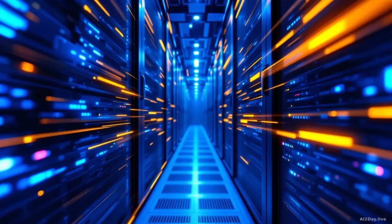 Photoreal news-editorial image, 16:9, full-frame edge-to-edge: a server rack interior bathed in cool blue light, with motion-blurred streaks of amber data trail