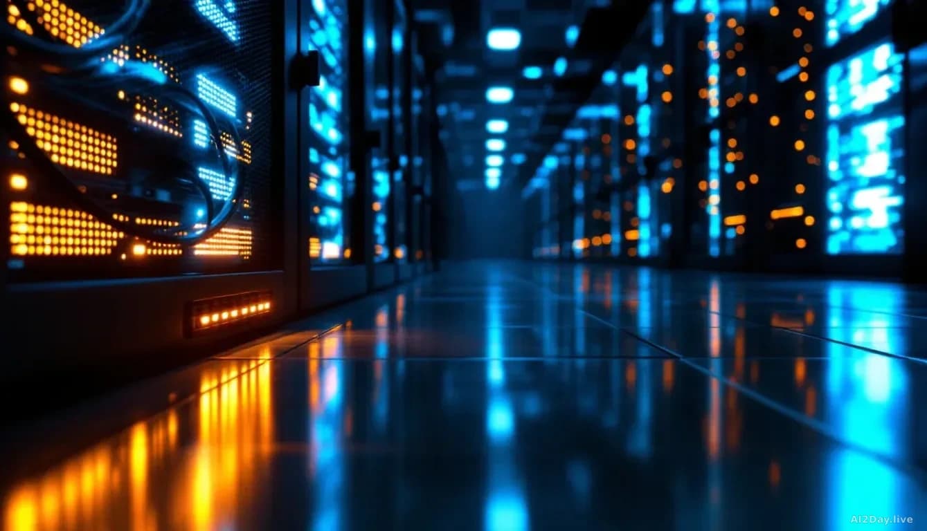Full-frame edge-to-edge 16:9 photoreal news-editorial shot of a dimly lit server rack room with cool blue and amber LED indicators reflecting off polished dark