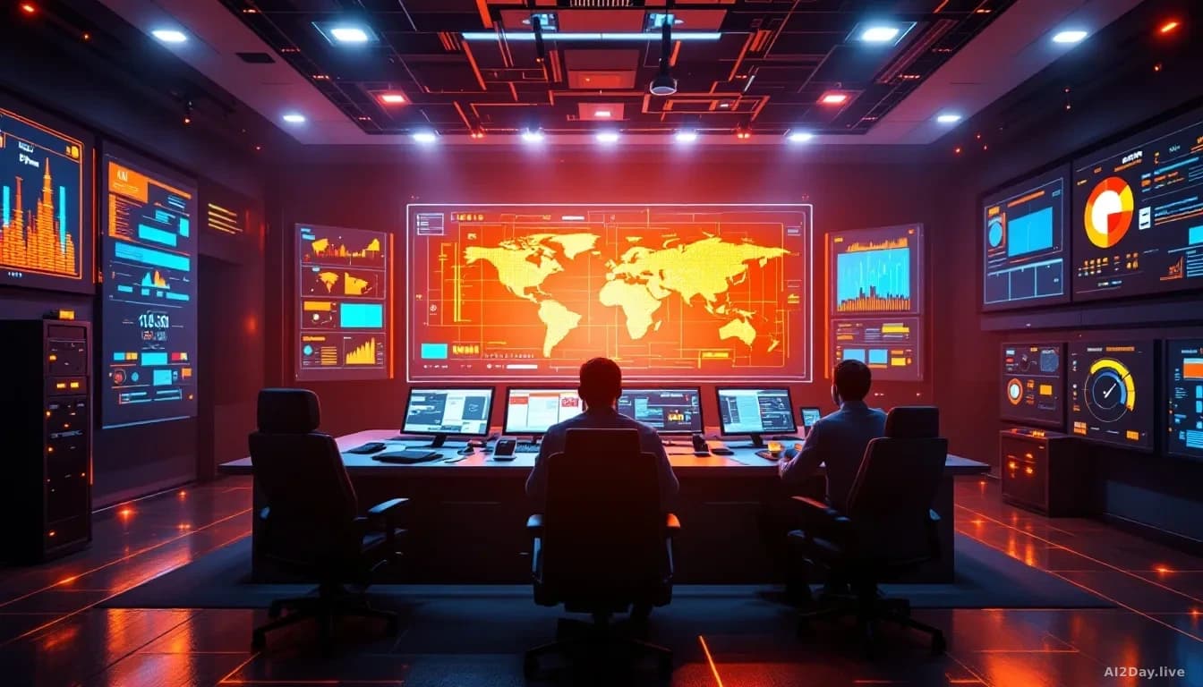 A secure gas pipeline control room with advanced technology, emphasizing cybersecurity, no people