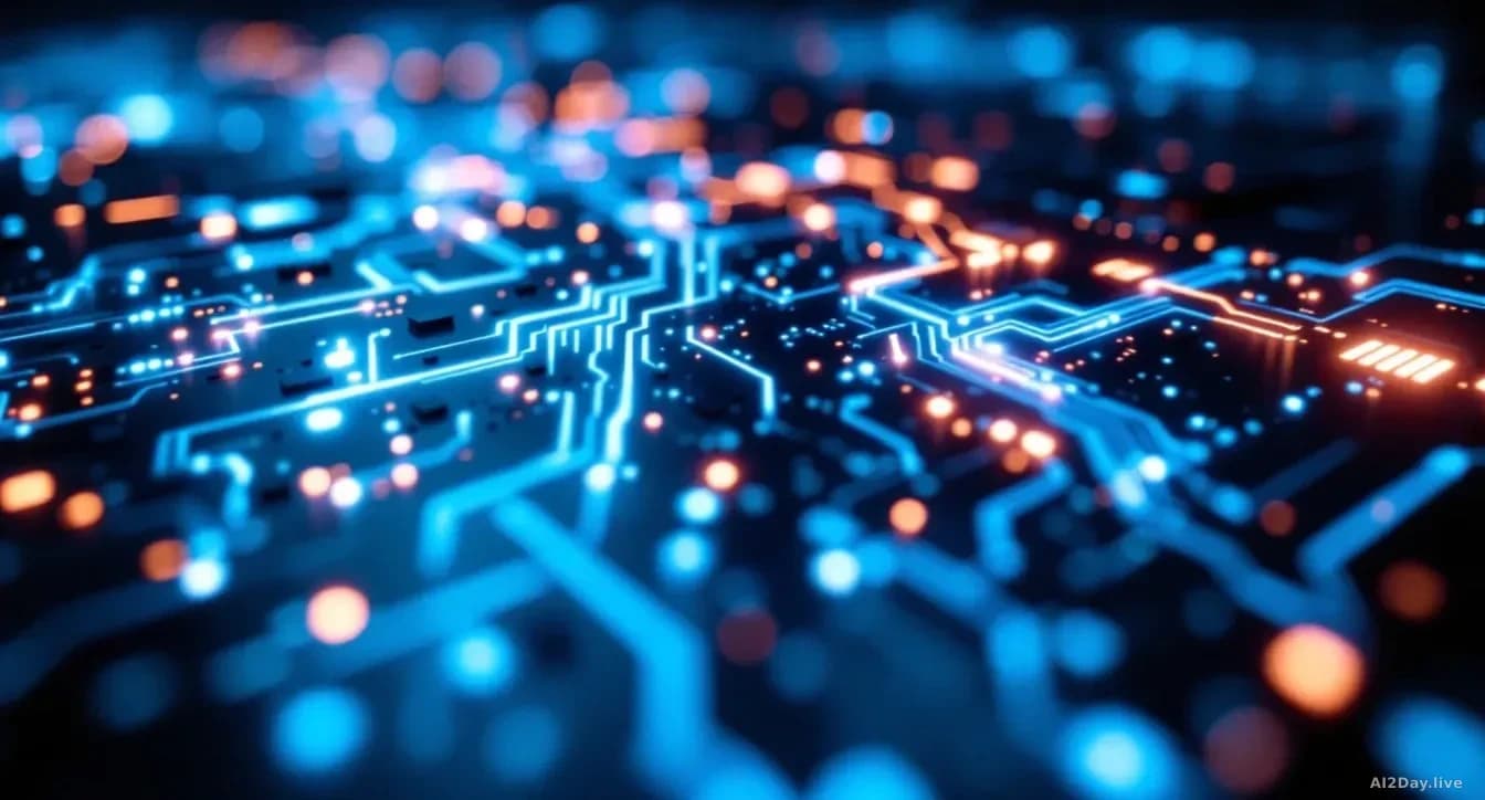 Close-up, edge-to-edge 16:9 photograph of a glowing circuit board with streams of faintly visible text and code cascading across its surface in soft blue and wh