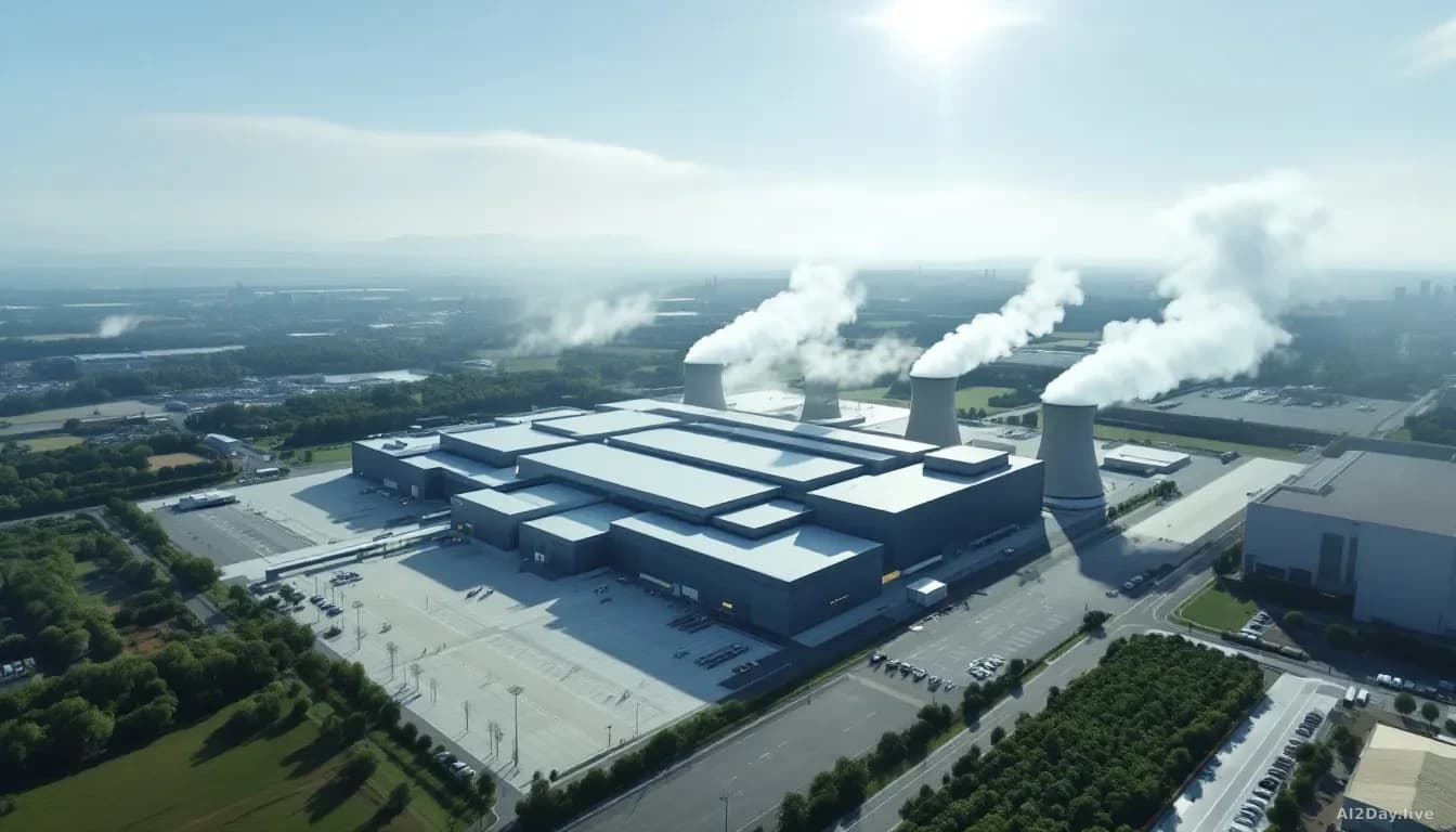 Aerial view of a large grey data centre building complex surrounded by flat land, cooling towers emitting white vapour, shot in sharp daylight with a blue sky,