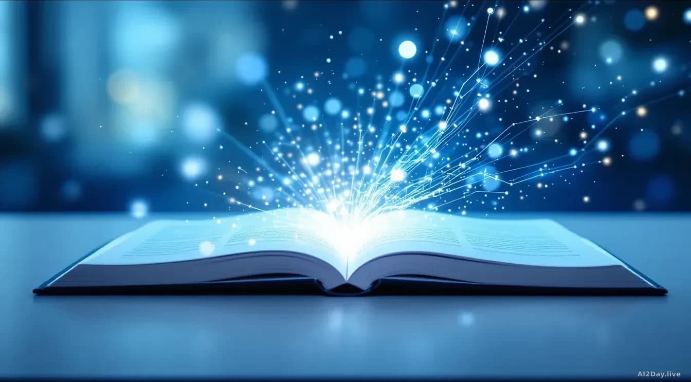 A glowing digital notebook open on a clean desk, with abstract streams of light representing AI processing flowing from its pages into the air above, soft blue