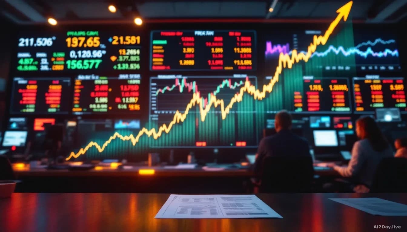 A financial trading floor or stock exchange display showing multiple company stock tickers gaining simultaneously, with upward trending graphs and earnings repo