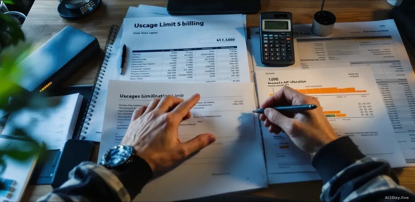 A developer at a desk reviewing usage limit documentation and billing statements, with calculator and budget spreadsheets showing reduced API allocation numbers