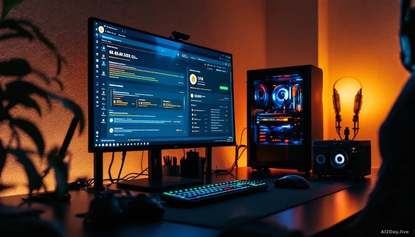 A basement workstation with a high-end gaming PC running in the background, earning cryptocurrency or payment notifications appearing on a secondary monitor whi