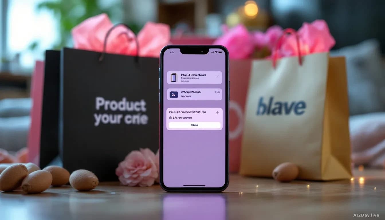 A smartphone screen displaying a notification alert with product recommendations, surrounded by shopping bags and brand logos blurred in the background of a hom