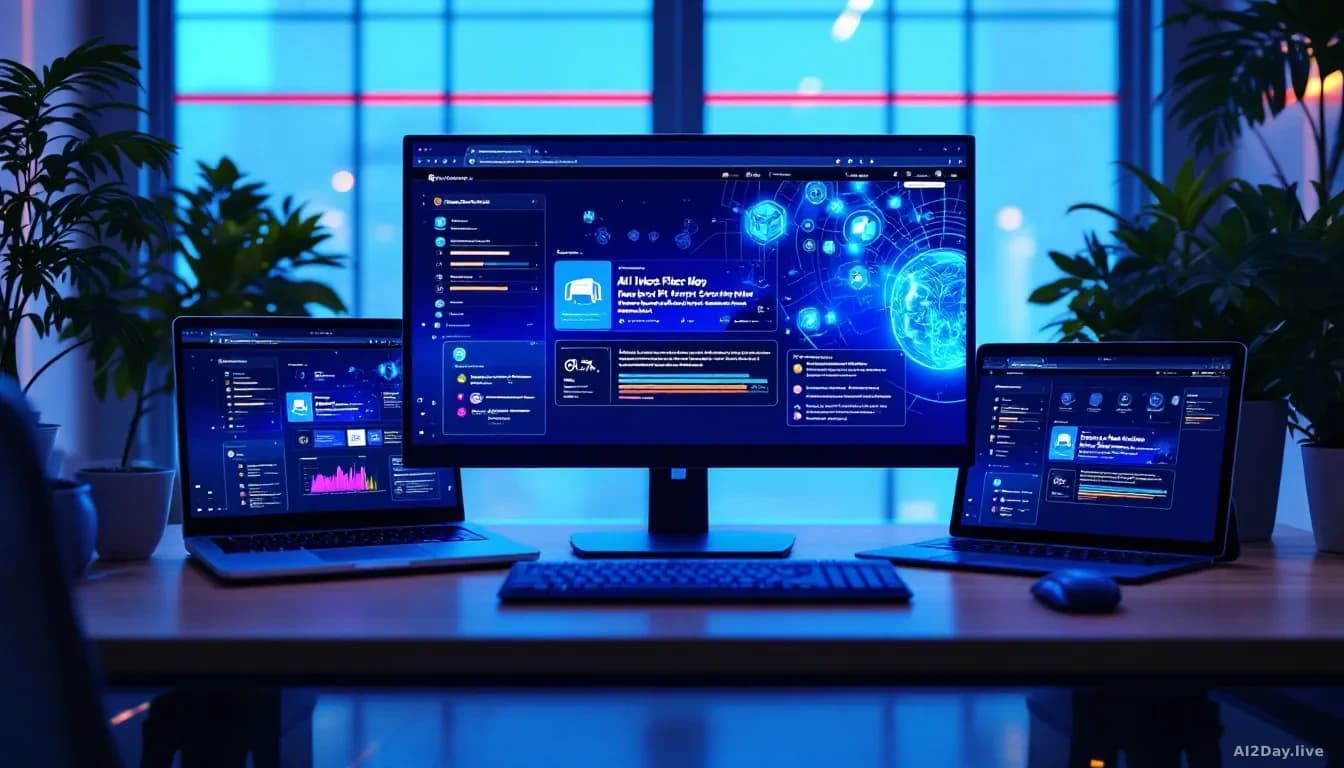 A modern tech showroom displaying multiple devices—a laptop, smartphone, and tablet—all showing interface updates, with AI-related graphics and feature demonstr
