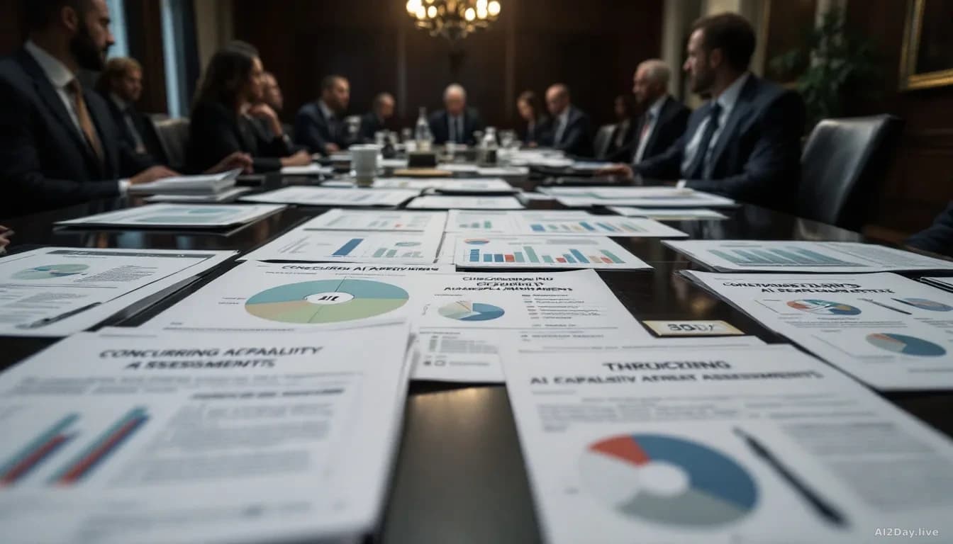 A congressional hearing room with security briefing materials and threat analysis documents spread across a table, showing concerning AI capability assessments
