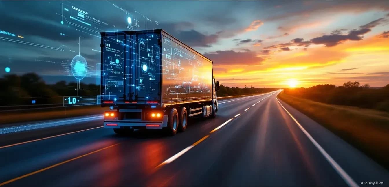 An autonomous truck rolling down a wide Texas highway at dusk, with transparent data visualization layers showing route optimization and autonomous decision-mak