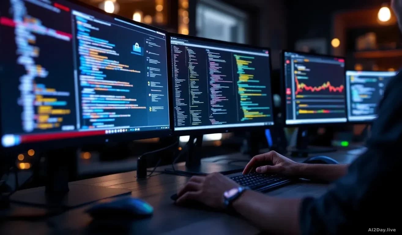 A cybersecurity analyst's desk with multiple monitors displaying email security software and threat analysis tools, code visible on screens, dark professional o
