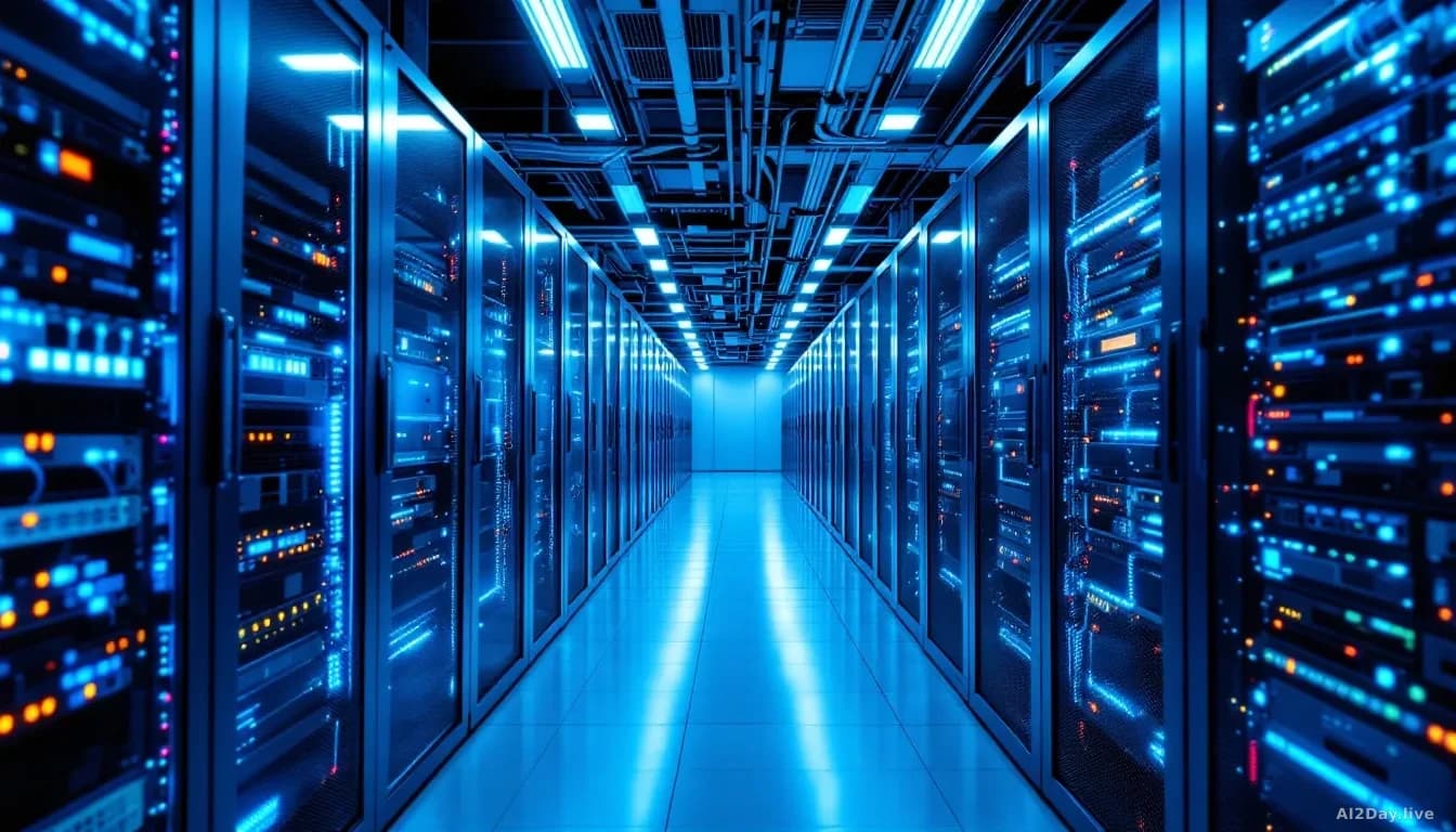 Illustration: A data center with rows of server racks and storage systems