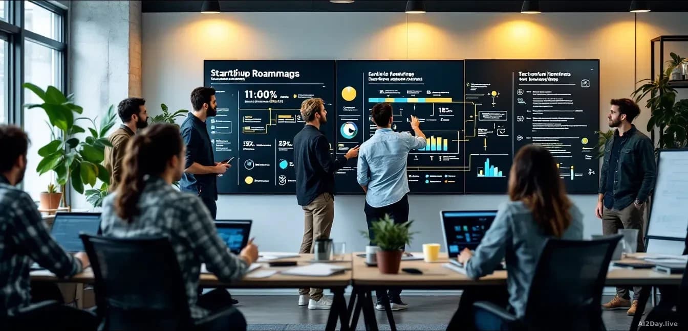 A modern startup office space with young engineers and founders reviewing technical roadmaps on whiteboards and displays, high-energy atmosphere with contempora