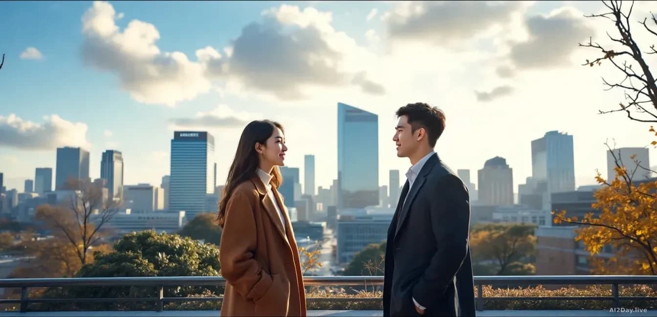 A South Korean dating show set or university campus scene showing young professionals, with visual references to semiconductor industry success, Samsung facilit