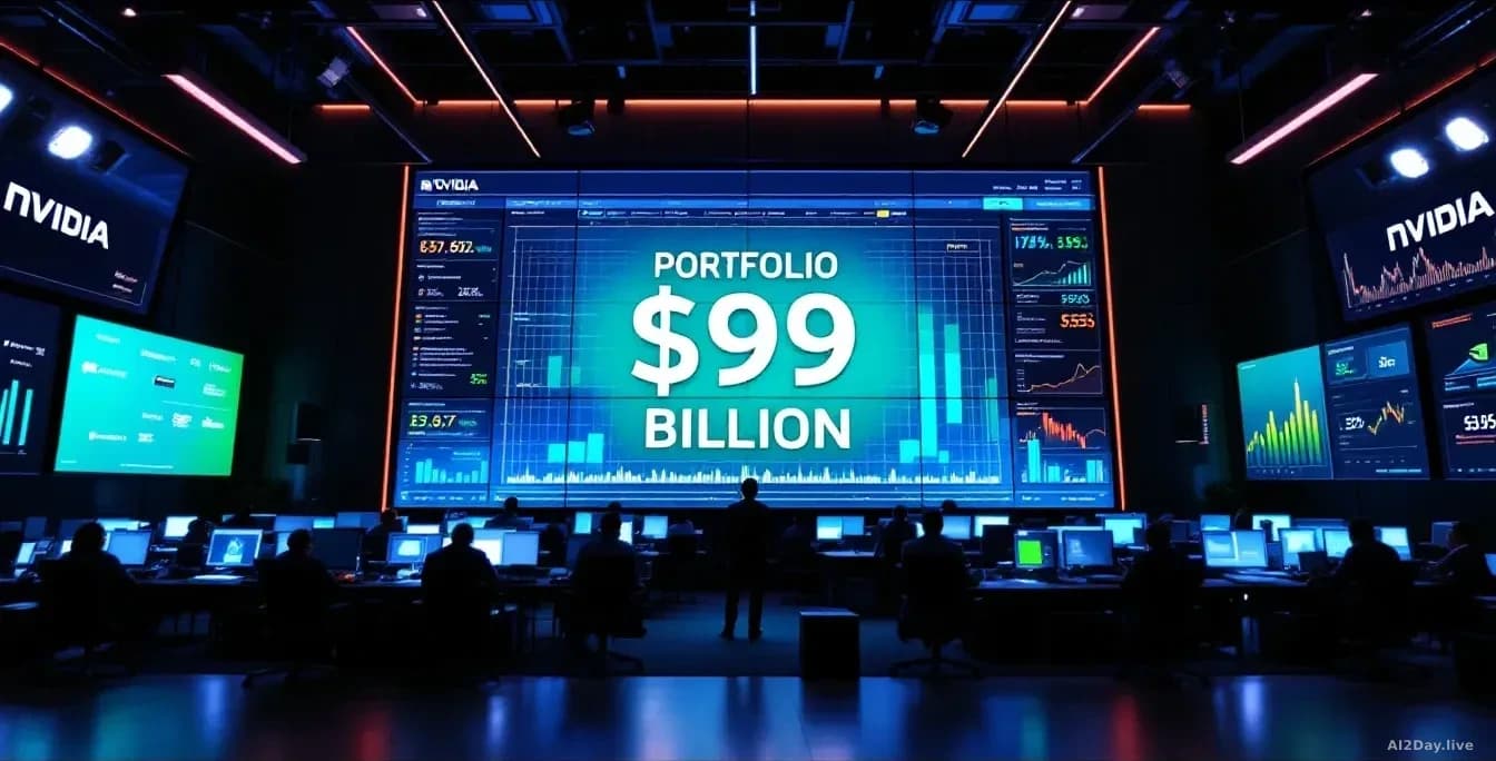 Nvidia's corporate headquarters or investment office, with a large digital display showing a $99 billion portfolio figure, surrounded by screens displaying tech