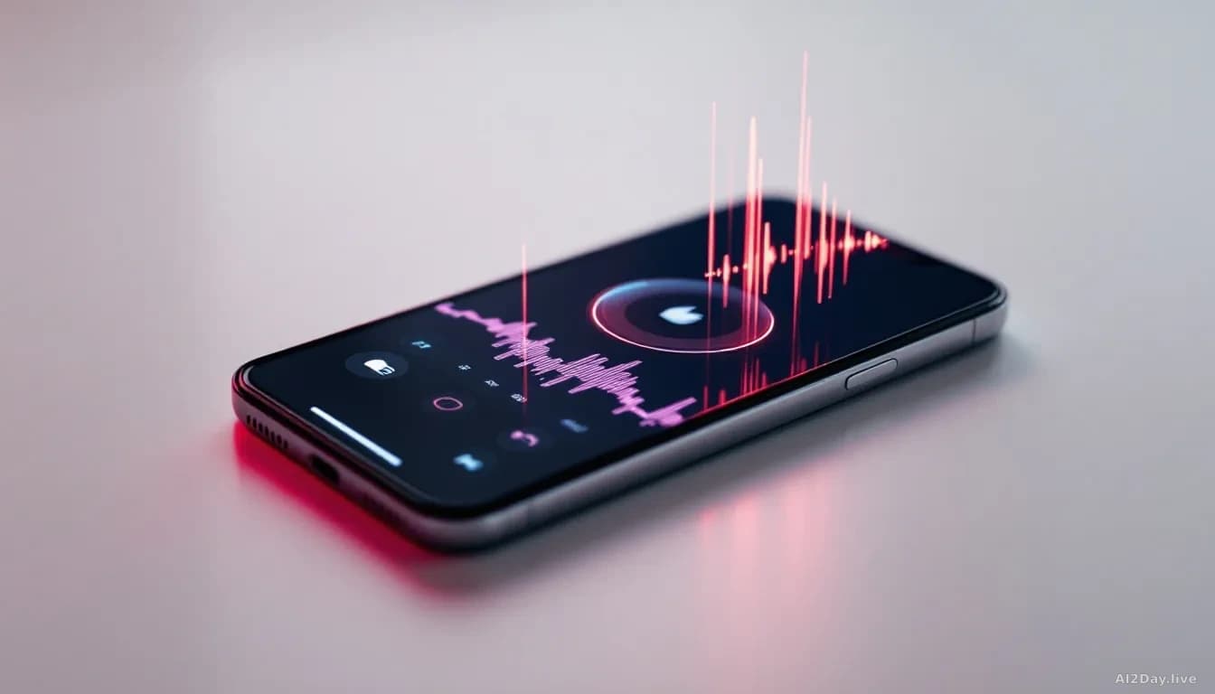 A modern iPhone displayed prominently on a minimalist white surface, with voice assistant interface elements glowing on the screen and sound wave visualizations