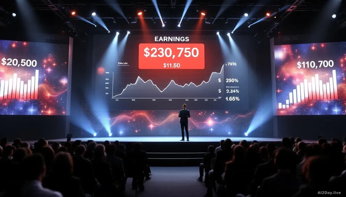 An earnings presentation stage at a tech conference with financial projections and revenue forecasts displayed on giant screens, a speaker presenting growth met