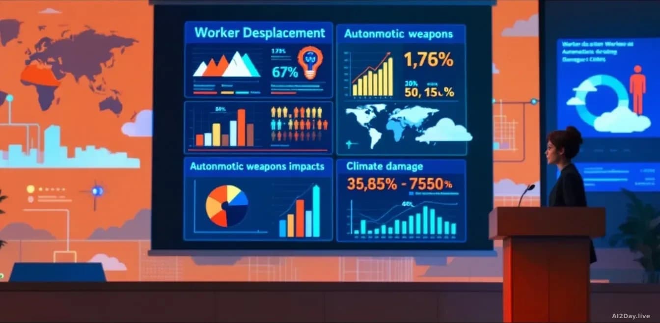 A researcher presenting at a podium with data visualizations showing worker displacement, autonomous weapons impacts, and climate damage statistics behind her,
