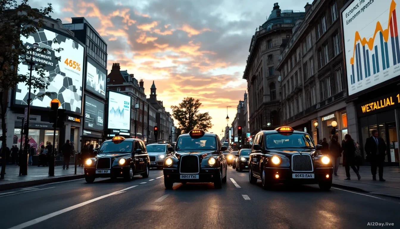 A London street at dusk with a robotaxi moving among traditional black cabs, with economic impact charts and employment data displayed on nearby digital billboa