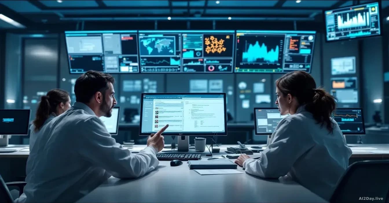An AI safety lab with security protocols and bioweapon-defense monitoring systems displayed on multiple screens, researchers reviewing classified incident repor