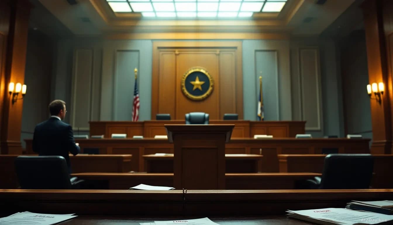 A New Mexico state supreme court chamber with a lawyer at the podium, legal papers stamped with error notifications, and a judge's bench in the background under
