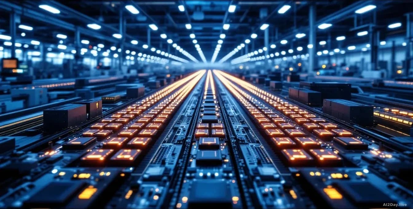 Illustration: A large industrial semiconductor manufacturing facility with rows of specialized processor chips displayed