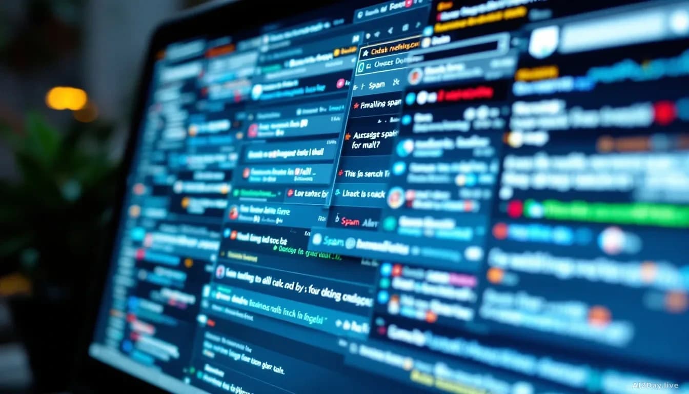 A computer screen showing an email inbox or social media feed flooded with automated messages and notifications, with many messages marked as spam or flagged