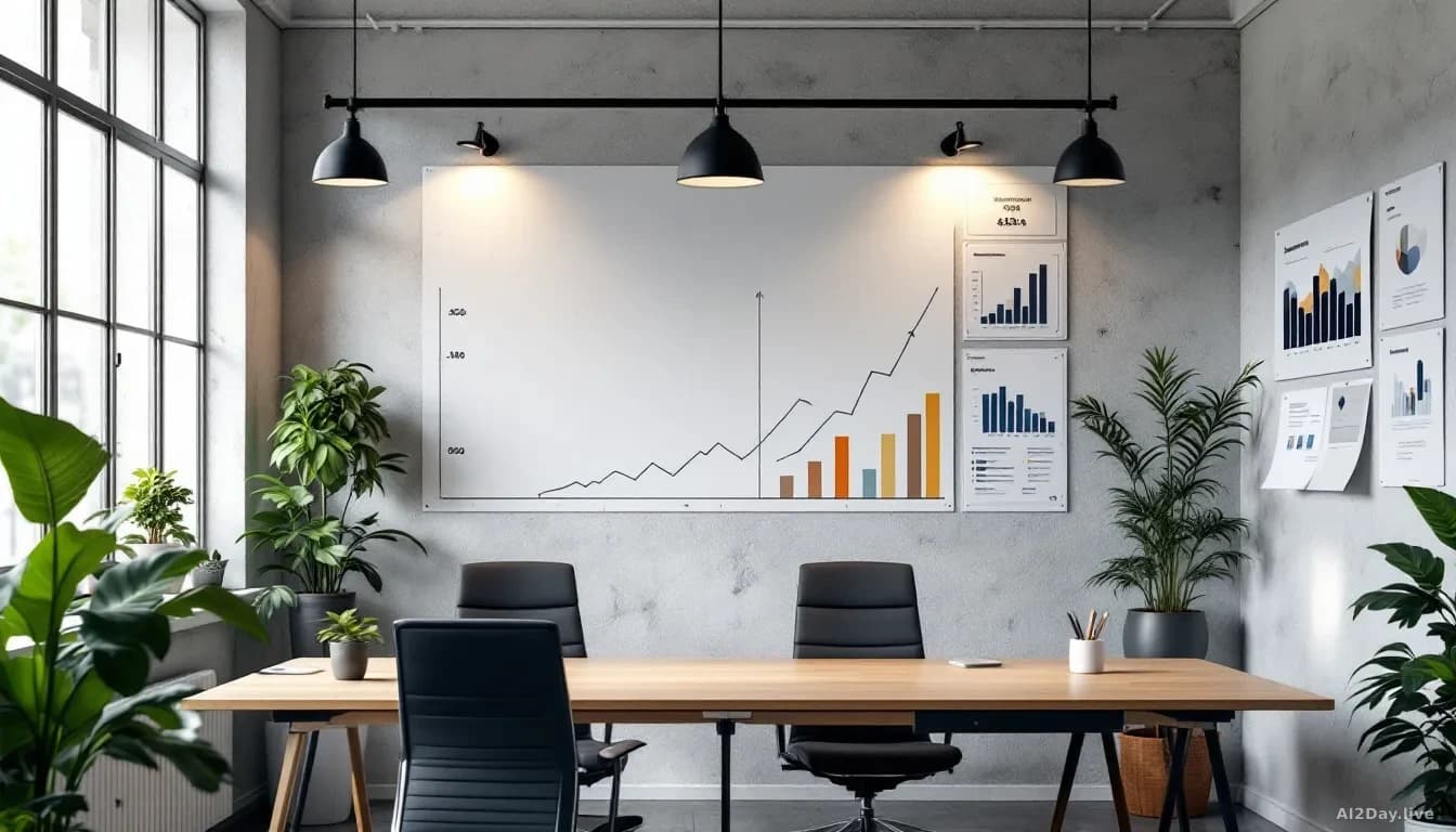 Illustration: A startup office space with growth charts, product mockups, and investment documents displayed on walls