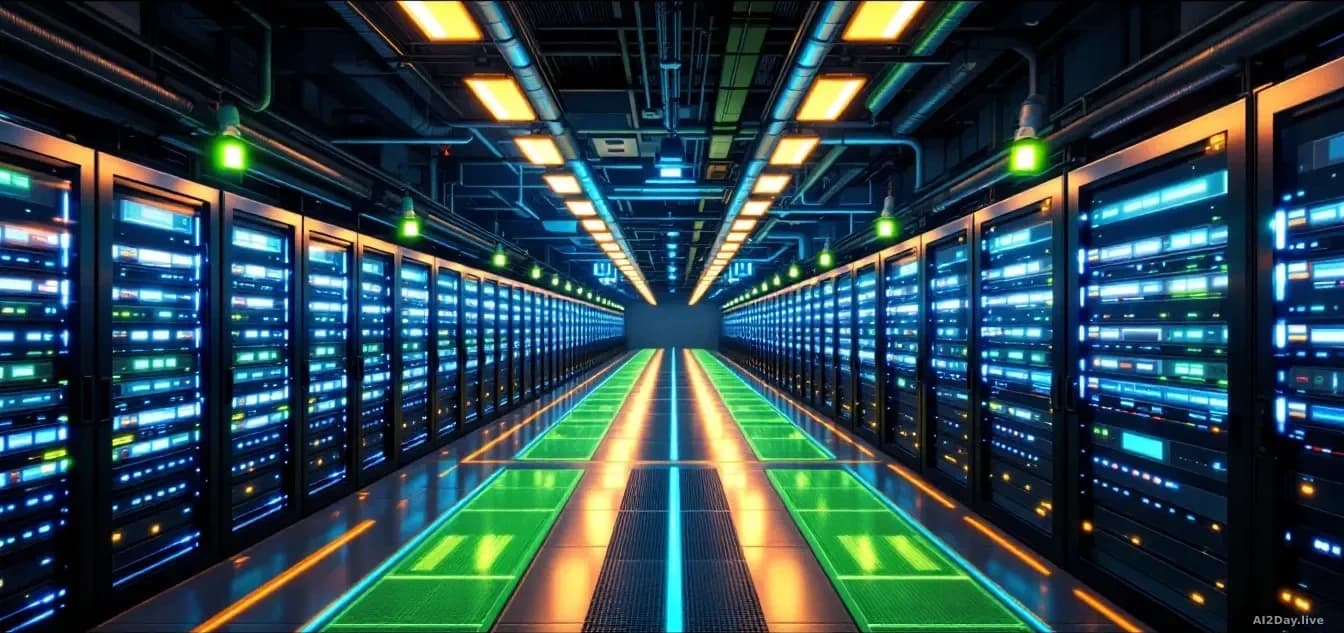 Illustration: A massive industrial data center facility with rows of server racks