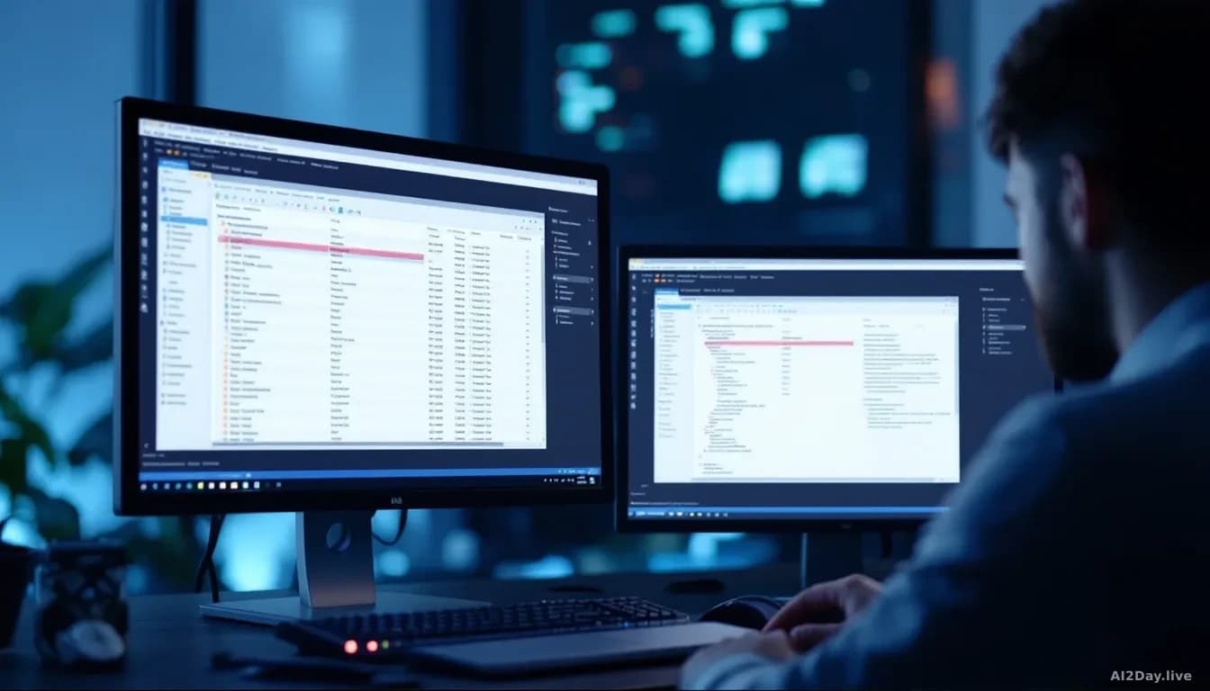 A database administrator's workstation displaying undocumented database column structures on one monitor and auto-generated documentation appearing on another,