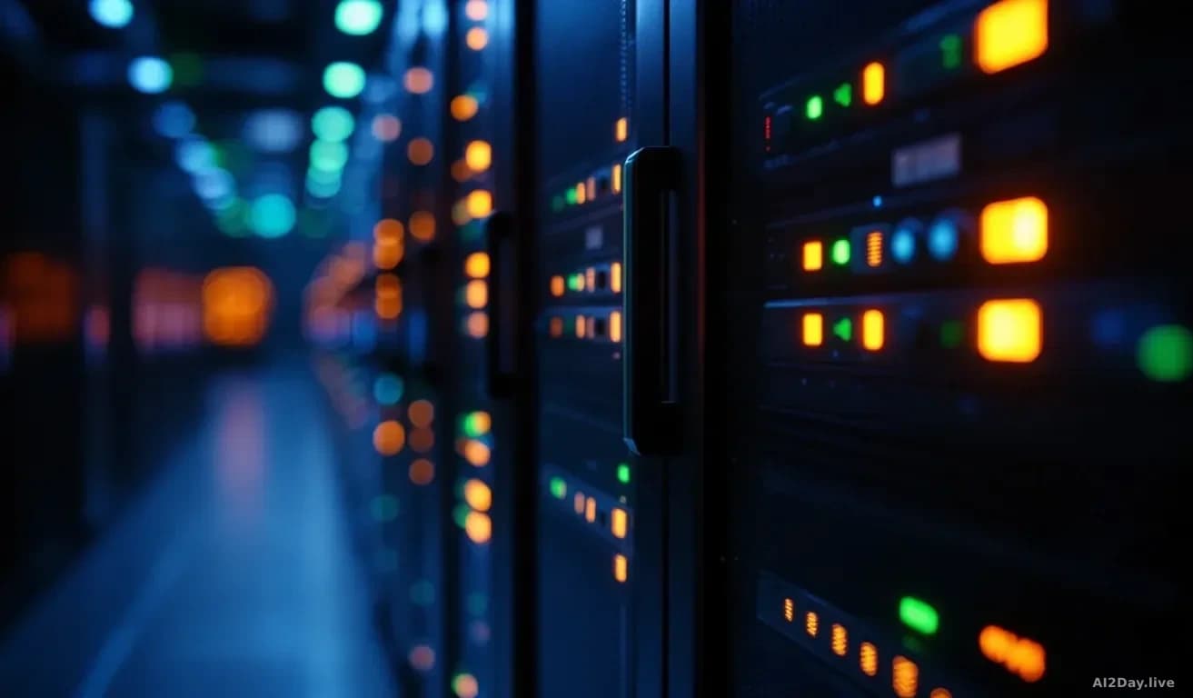 A close-up, editorial-style photograph of a glowing server rack in a dark data centre, with faint green and blue indicator lights reflecting off polished metal