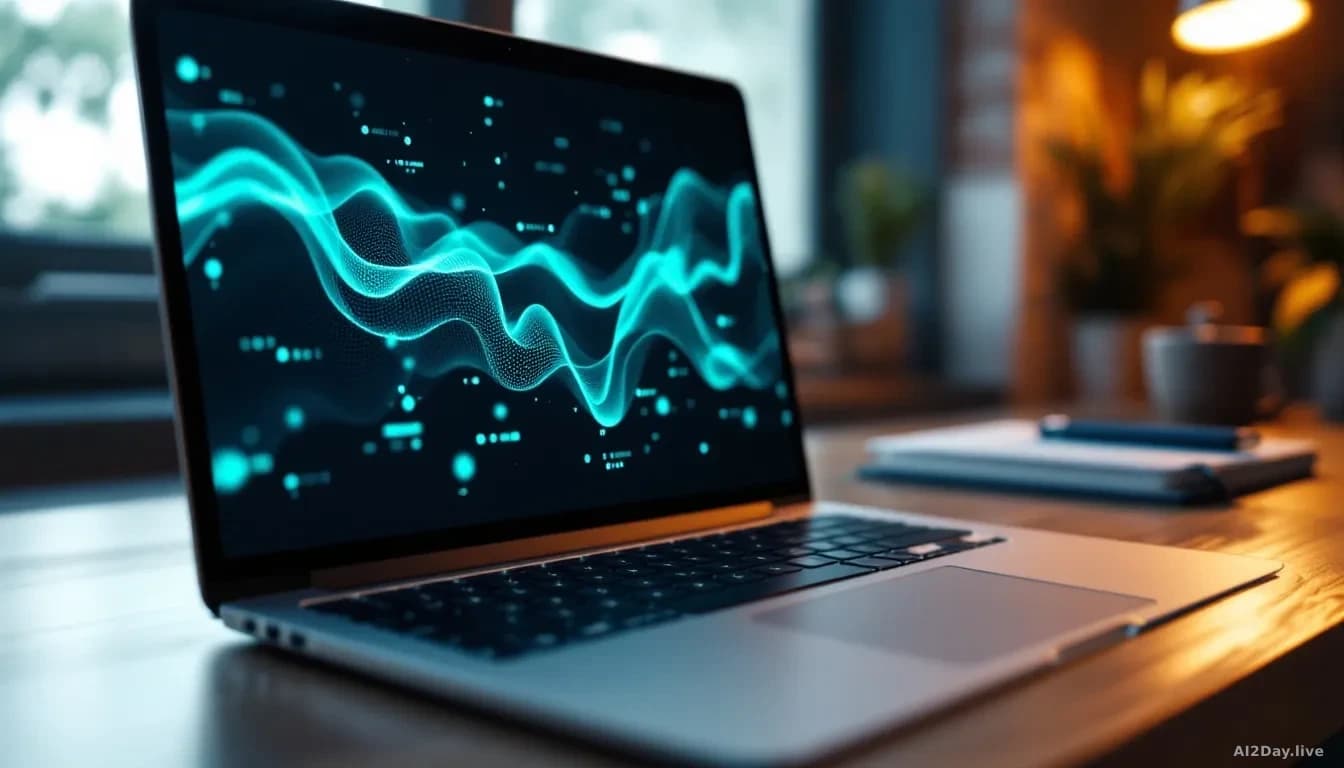 A sleek aluminium laptop sits open on a wooden desk, its screen glowing with abstract flowing data streams in cool blue and green tones, no text visible, warm a