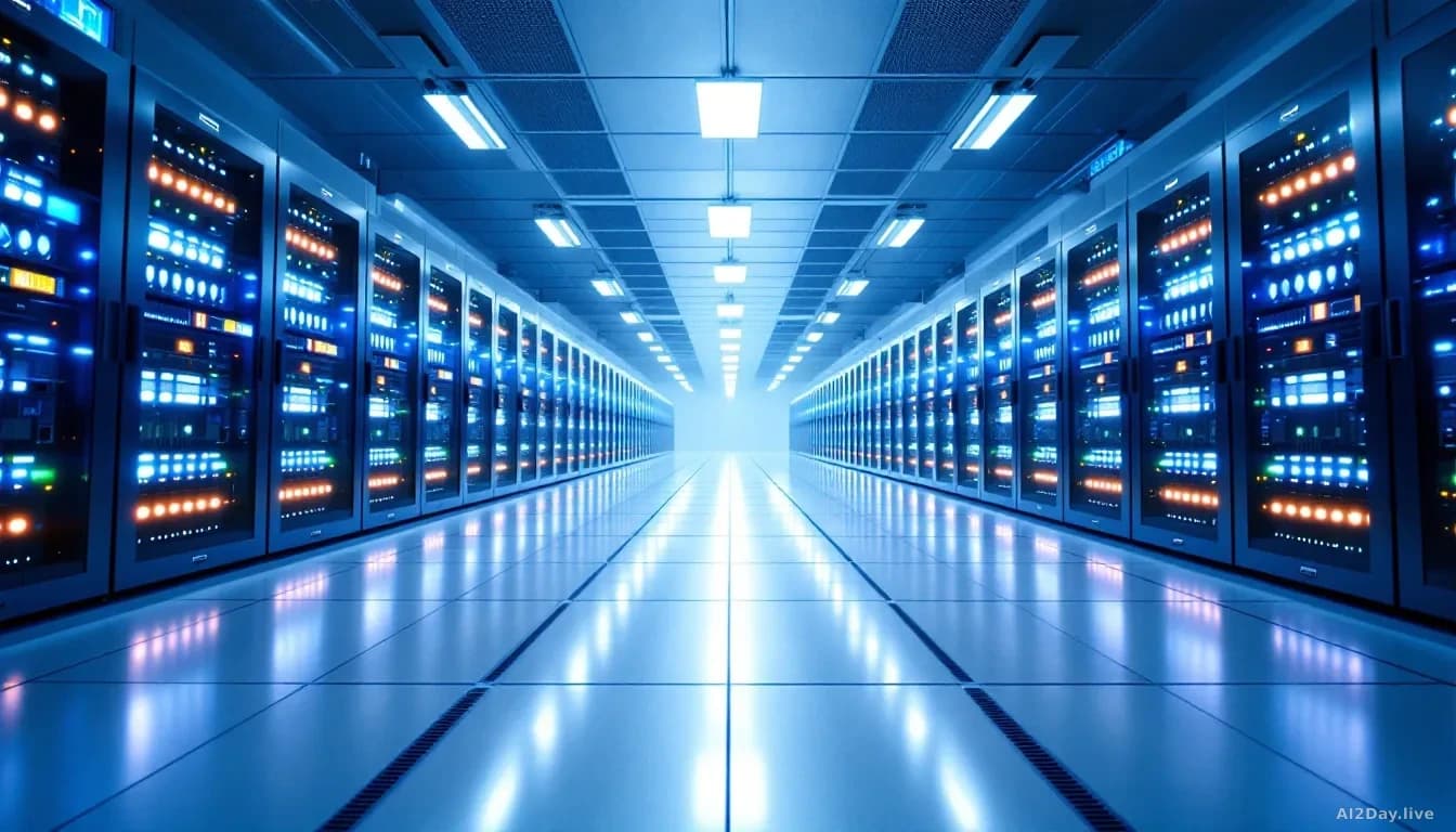 A large, modern server room shot from a low angle, rows of illuminated rack-mounted computers stretching into the distance under cool blue and white lighting, c