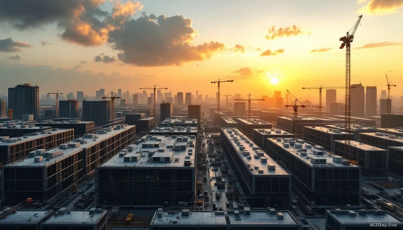 Aerial 16:9 view of a sprawling data centre campus under construction at dusk, rows of server buildings with cooling units visible on rooftops, cranes and const