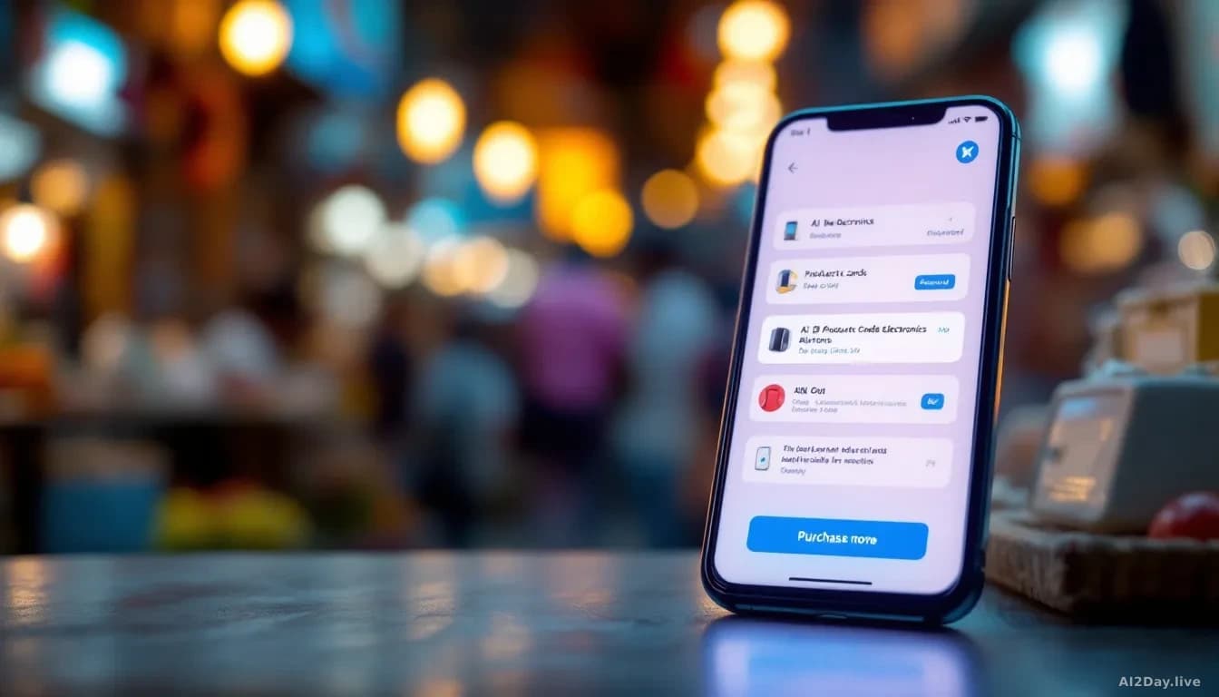 A modern smartphone screen glowing with a clean AI chat interface showing product cards for electronics, a prominent purchase button highlighted in blue, set ag