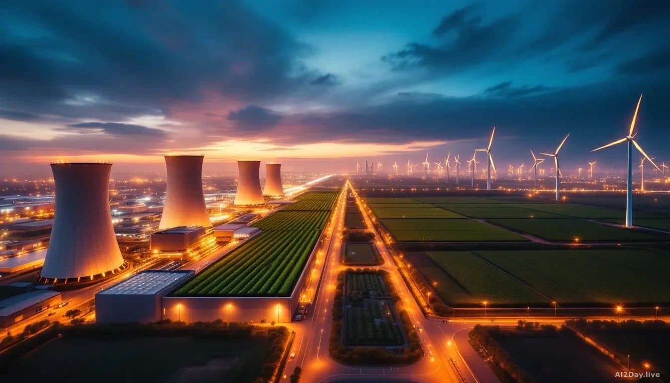 Illustration: a vast industrial facility at dusk, with glowing data-centre cooling towers on the left