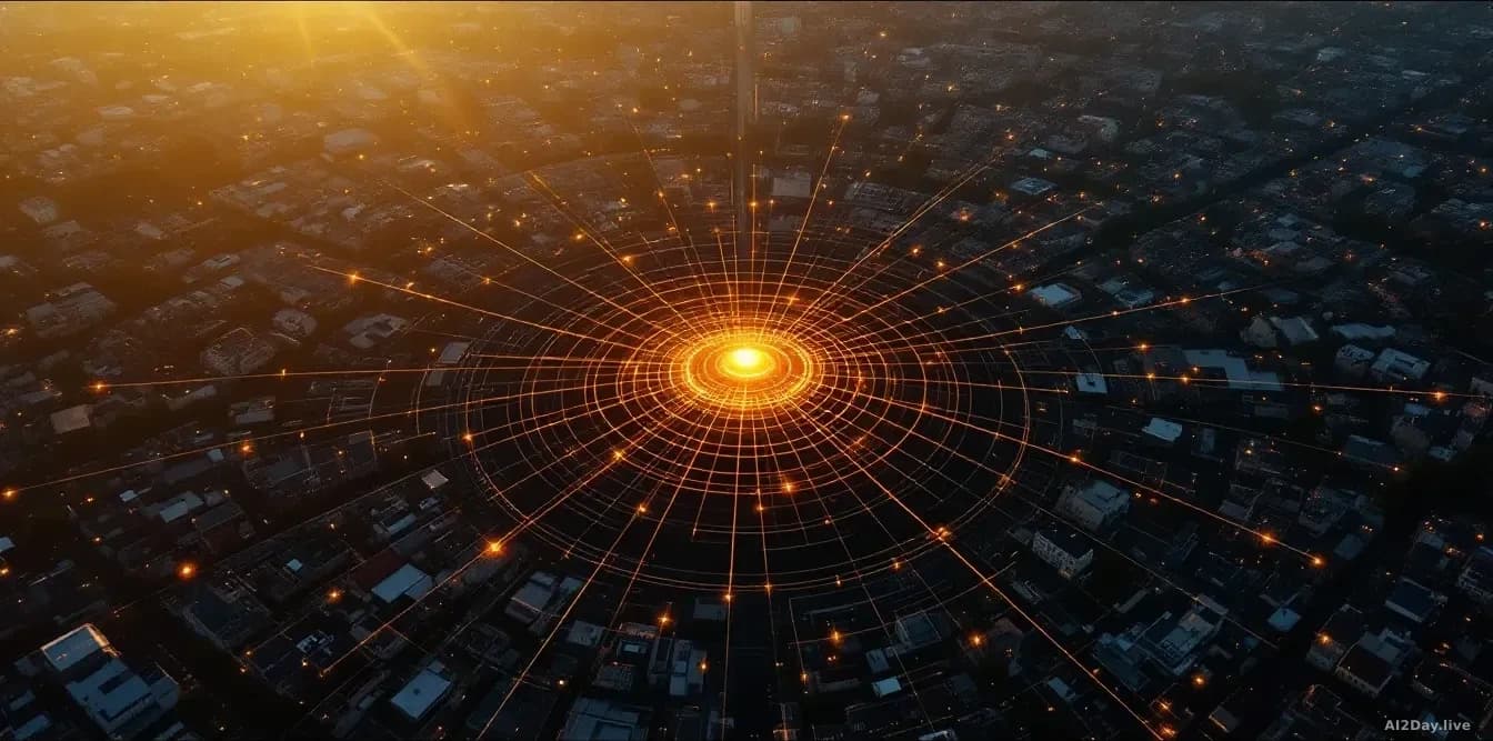 Illustration: a city at golden hour, half covered in sunlight and half in long shadows