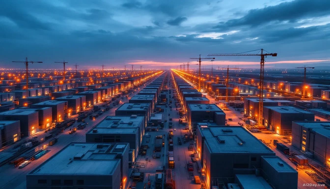Illustration: a vast data centre campus under construction at dusk