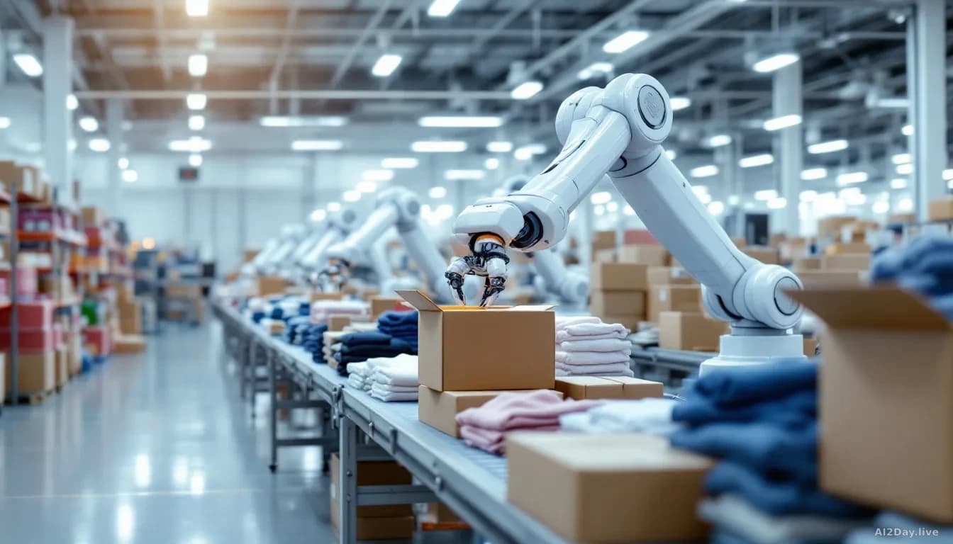 Illustration: A modern, brightly lit warehouse fulfillment centre with white robot arms mounted on a conveyor line