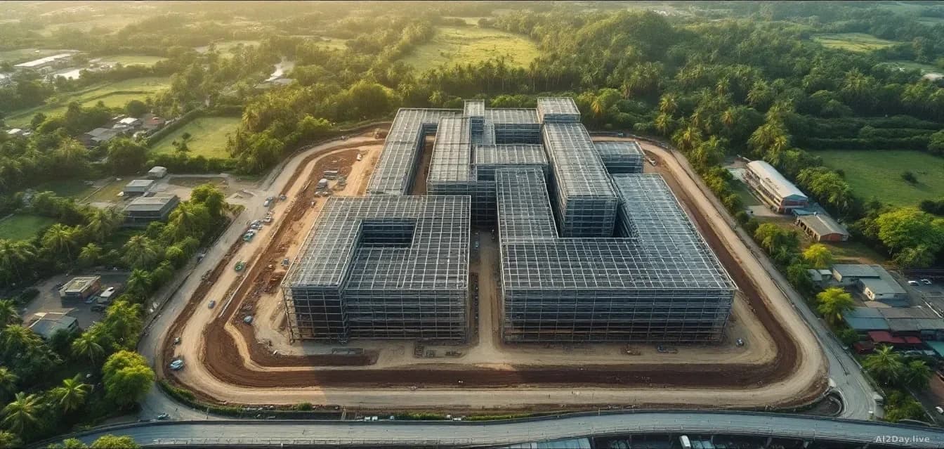 Illustration: a large industrial construction site surrounded by tropical green landscape in Southeast Asia